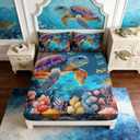 Coastal Bedding Turtle Fitted Sheet Set Twin Size,Undersea World Fitted Sheet for Kids Boys Girls Room Decor,Colorful Coral Aquatic Plants Beach Themed Bedding,1 Fitted Sheet+2 Pillowcases.