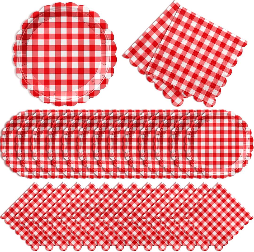Roshtia 120 Pcs Red Gingham Paper Plates and Napkins Set, Serves 60, 7" Dessert Plates for Pizza Party, Picnic & BBQ, Red Checkered Tableware for Italian Night