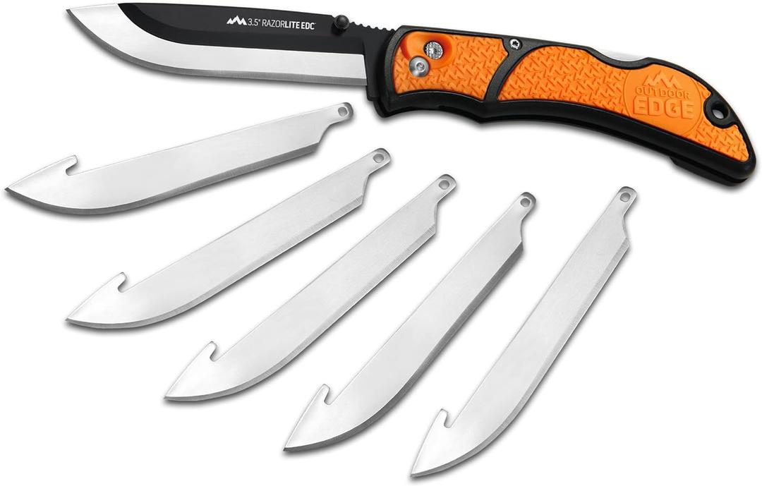 OUTDOOR EDGE 3.5" RazorLite EDC Knife. Pocket Knife with Replaceable Blades and Clip. The Perfect Hunting Blade for Skinning Deer. Blaze Orange with 6 Blades