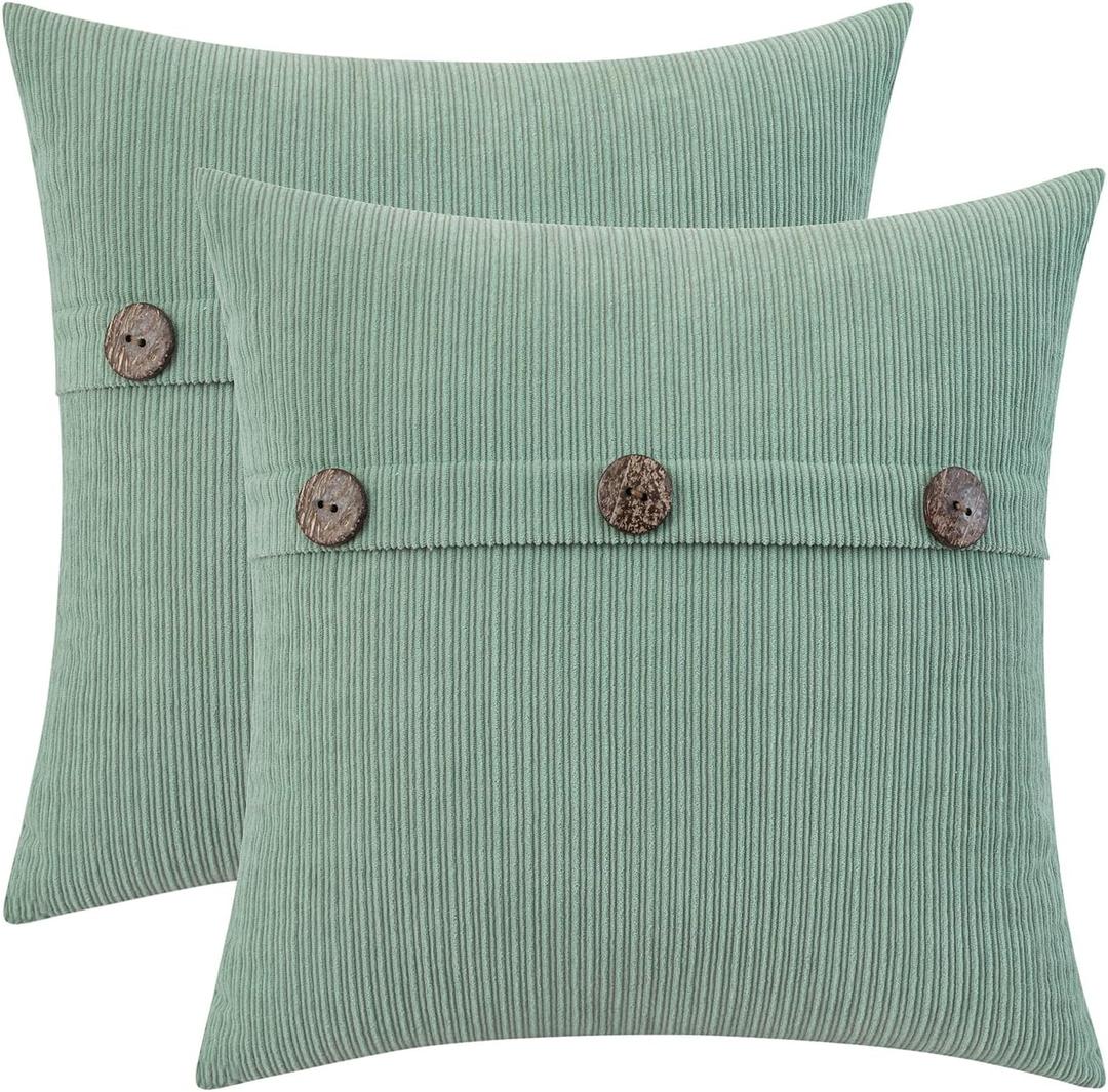 HWY 50 Sage Green Chenille Throw Pillow Covers 18x18 Inch with Triple Buttons, Soft Spring Farmhouse Accent Decorative Cushion Cases for Couch Sofa Bed Living Room Bedroom Pack of 2