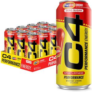 C4 Performance Energy Drink, Cherry Popsicle, Zero Sugar Carbonated Preworkout Energy, 200mg Caffeine with Beta Alanine, 16 Fl Oz (12 Pack) (EXP 04/01/26)