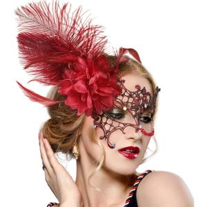 Zinniday Feather Masquerade Masks for Women - 2026 Lace Mask Shiny Rhinestone for Woman Couples Renaissance Carnival (Red)