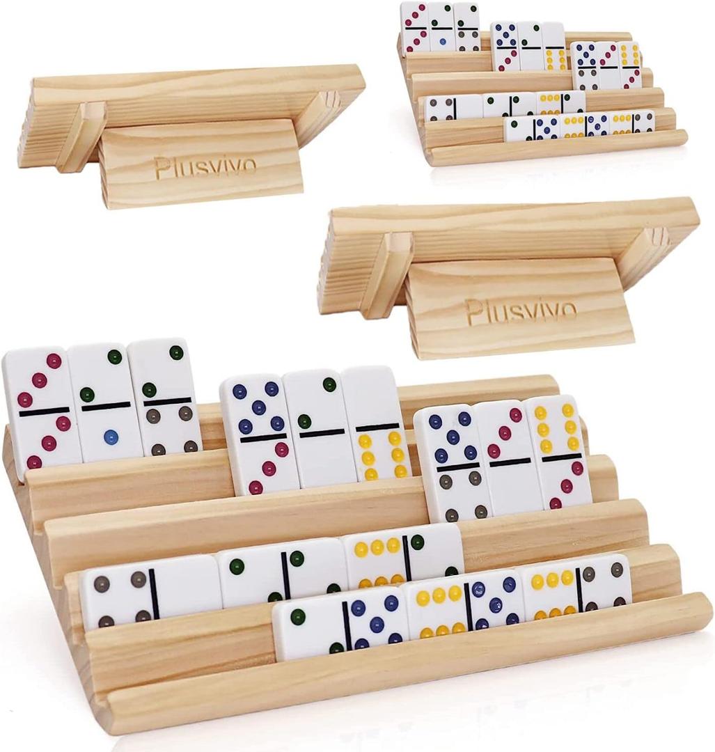 Domino Racks with Stand Set of 4, Mexican Train Dominoes Set Trays Wooden Domino Holders for Mexican Train and Other Domino Games for Kids & Adults - Hobbies, Indoor Activities & Family Fun