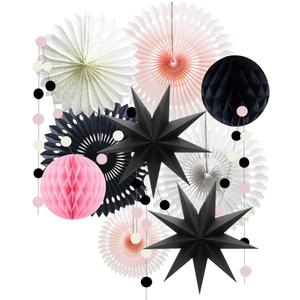 Pink Black White Party Decorations for Girls Women Minnie Mouse First Birthday Decoration Wedding Bridal Baby Shower Hanging Tissue Paper Fans Circle Garland Paper Lanterns