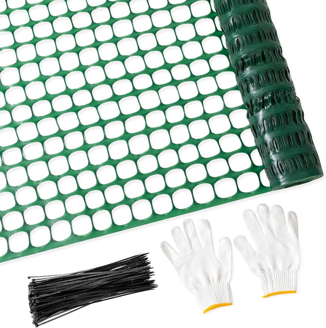 PotatoLife Plastic Mesh Fence Safety Fence, 4'x100' Roll with 100 Zip Ties, Reusable Temporary Netting for Garden Fencing, Construction, Snow Fencing, Animal Barrier, Poultry, Deer, Patio, Green (8.73 lb/roll)