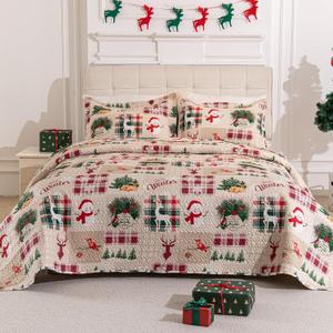 Feyocn 3-Piece Christmas Quilt Set King Size Cozy Xmas Snowman Reindeer elk Bedding Sets Soft Christmas Tree Bedspread, Holiday Santa Quilt Coverlets Set with 2 Pillow Shams,Beige Red