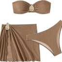 GORGLITTER Women's Strapless Bandeau Swimsuits High Waisted Cheeky Metal Bikini Sets with Bathing Suit Cover Up Skirts, Large