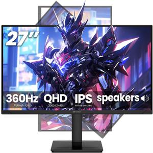 CRUA 27'' Gaming Monitor 360HZ 2k 1440P 120%sRGB IPS Computer Display Screen, Height/Pivot/Swivel/Tilt Adjustable Vertical Monitor Support FreeSync,Built in Speaker, DP1.4 & HDMI2.1, Wall Mount-Black