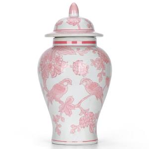 11″ Pink Ginger Jar with Lid Porcelain Stylized Songbirds Floral Temple Jar Chinoiserie Vase Chinese Style Ginger Jars Antique Home Decor for Interior Design