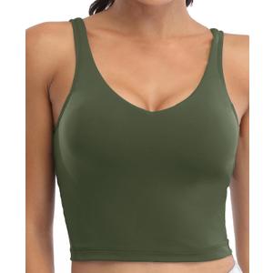 Oalka Sports Bra Womens Longline Padded Crop Tank Yoga Bras Workout Fitness Top (Green, XS)