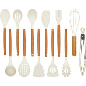 Kitchen Utensils Set - 12 Pcs Silicone Cooking Utensils Set with Wooden Handle - Heat Resistant Non-Stick BPA Free Spatula Set,Turner, Spoon, Brush, Silicone Kitchen Gadgets Utensil Set (Cream White)