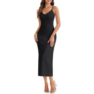 Vrtige Women's V Neck Sleeveless Lace Trim Spaghetti Strap Bodycon Sexy Long Dress (Black, S)