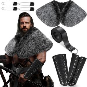 4 Pcs Halloween Viking Costume Set Viking Faux Fur Collar Belt Leather Gauntlet Wristband Medieval Viking Costume (Black Color)