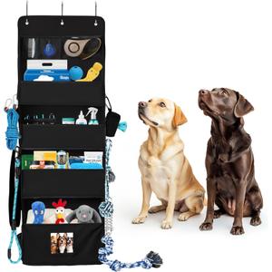 Dog Storage Organizer Hanging Over the Door, Dog Toy Box for Indoor Dog Cat, Dog Toy Storage Basket for Pet Supplies and Accessories Organization, Dog Treat Container for Dog Stuff (Black)