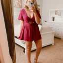Aoysky Womens Summer Short Rompers Sexy Cute Loose Tie Front Jumpsuit Casual V Neck Wide Leg Beach Overalls (Red)