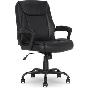 Classic Puresoft PU Padded Mid-Back Office Desk Chair with Armrest, Easy Assembly, Sturdy Metal Base, Wheels, 275lb Support, 26"D x 23.75"W x 42"H, Black