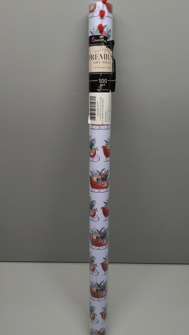 LaRibbons Christmas Wrapping Paper Jumbo Roll with Red Pom Pom, Classic Sled Design Gift Wrap Set for Christmas, Holiday, Party Celebration, 30 Inch X 40 Feet (100 sq. ft. ttl.)