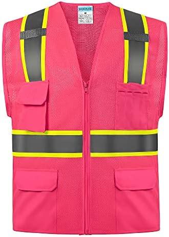 SHORFUNE High Visibility Mesh Safety Vest with 10 Pockets, Mic Tabs, Zipper and Reflective Strips, Reflective Construction Vest for Men and Women, ANSI/ ISEA Standards, Pink, M