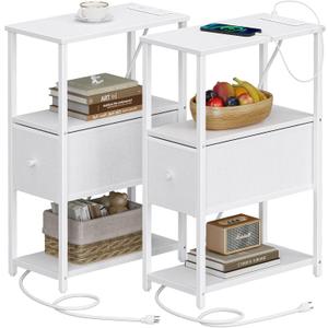 TUTOTAK Small Narrow End Table with Charging Station, Set of 2, Side Table with Outlets, Nightstand with Cloth Drawer, Couch Table, for Living Room, Bedroom, Bedside, White TB01BW058, 24.8 inches x 15.8 inches x 7.8 inches