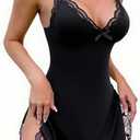 CHICME Women's Lace Trim Side Slit Modal Cami Sleep Dress Loungewear Cute Night Gowns for Women Black-XXL