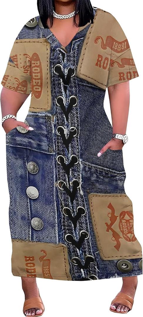 SUZONANA Plus Size Denim Print Maxi Dresses for Women Casual V Neck Short Sleeve with Pockets Soft Jean Look Dress XL (Blue)
