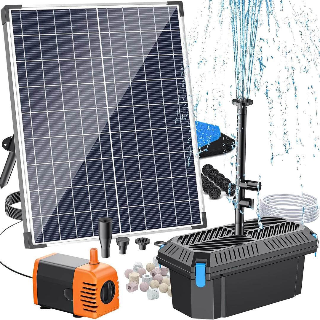 Antfraer 30W Solar Pond Filter with Water Pump Kit, Solar Pond Pump with 6.6FT PVC Tubing & 16.5FT Cord Pond Filter for Outdoor Garden Waterfalls, Koi Ponds & DIY Water Features