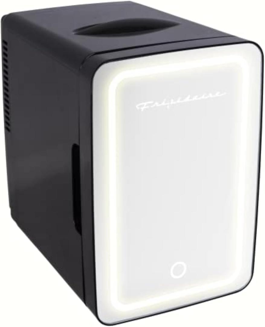 Frigidaire Mini Personal Fridge Cooler, LED Lighted Mirror, 6.5L Capacity, 9 Cans, 100% Freon-Free & Eco Friendly, for Makeup, Skincare, Portable, Black, standard