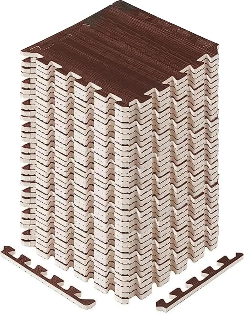 Yes4All EVA Interlocking Mats, Puzzle Floor Tiles, Foam Floor Padding with Border for Furniture, Home Space, Living Room, Garage 11,22,32 SQFT (D. Walnut Wood Dark)