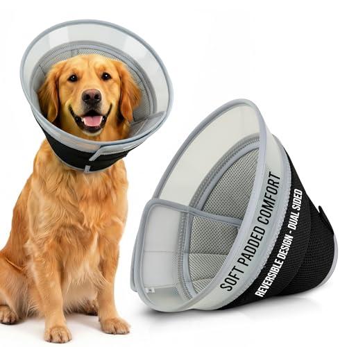 Premier Web Products Soft Dog Cone Collar To Stop Licking - Large Dog Cone, Adjustable and Reversible Design, Non-Woven Breathable Fabric, Elizabethan Recovery Collar after Surgery for Cat, Black