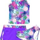 uideazone Girls 3 Piece Bathing Suit Summer UPF 50+ Racerback Swimsuit with Shorts Beach Tankini Sets 8-16 Years (Purple)