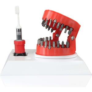 NICENICY Denture Drill Bit Holder with Base, Mouth Bit Holder, 3D Sculpture Desk Gadget, Denture Drill Bit Holder with 28PCS 1/4 Hex Bit, 3-in-1 Screwdriver, Bit Holder& Desk Decor (White-red)