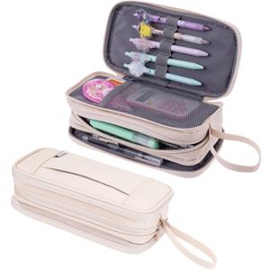 NOL Natural Organic Lifestyle Large Capacity Pencil Case Zipper Pencil Purse 3 Compartment Pencil Pouch Office Stationery Organizer Multi-functional Pencil Bag for School Girl Boy Adults - Cream