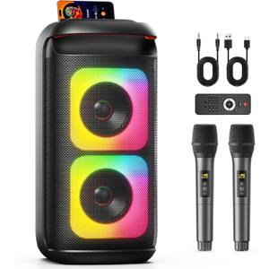 Karaoke Machine with 2 Wireless Microphones, Portable Bluetooth Karaoke for Adults, Powerful Dual 8" Subwoofer Karaoke Boombox, LED Lights, 3D Sound, Support TV/USB/AUX/TF for Home Party (Black)