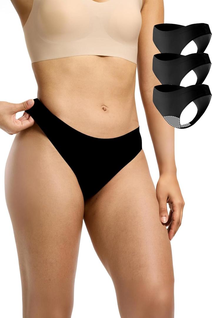 Seamless Thong Period Underwear for Women Teens Light Flow Moisture Wicking Side Leak Prevention Panties 3 Pack, Size Small