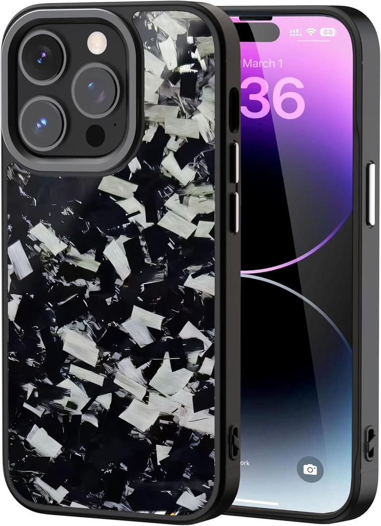 Genuine Forged Carbon Fiber Case for iPhone 14 Pro, Military Grade Drop Protection, Shockproof Phone Cover with Aluminum Alloy Buttons and Camera Frame - Glossy Black