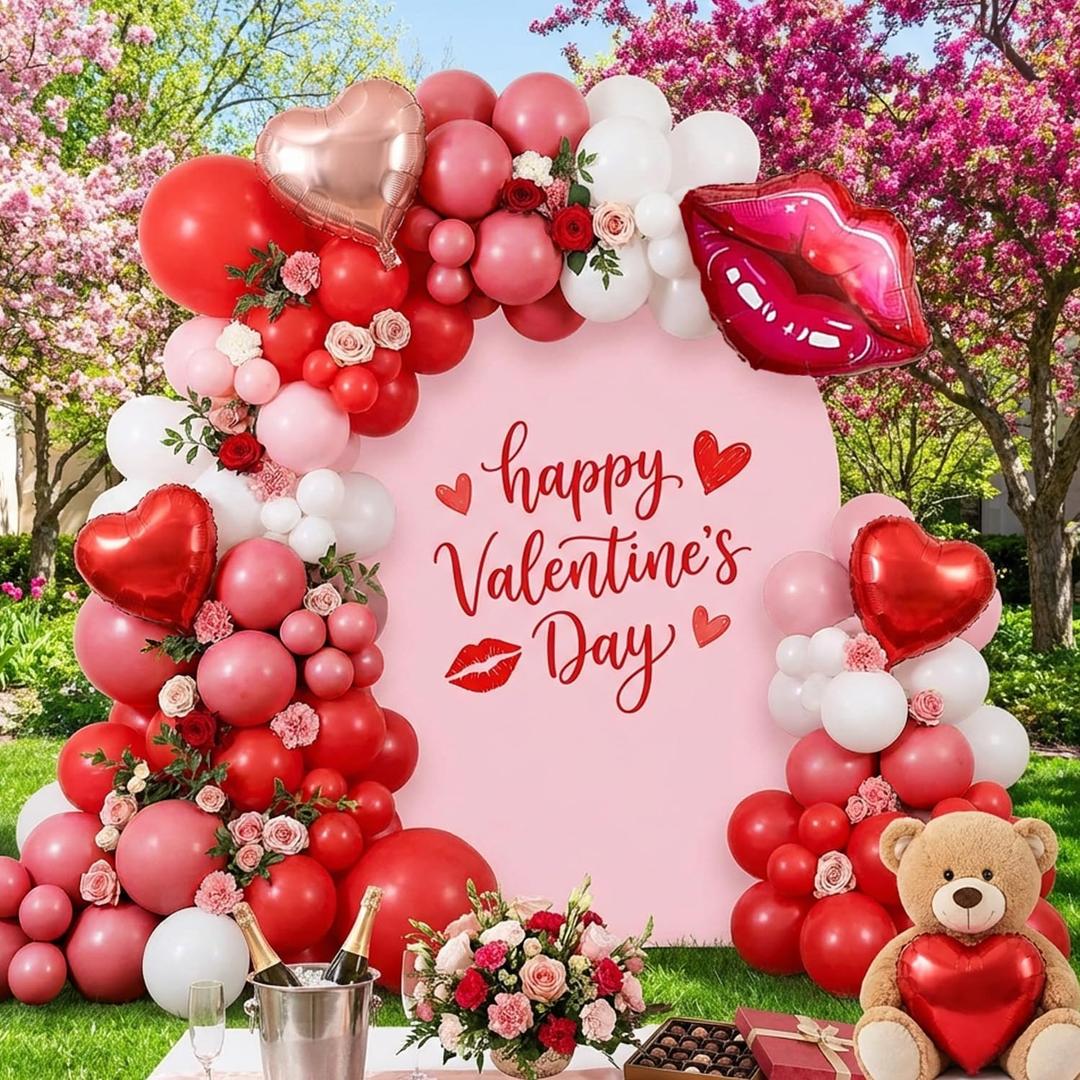 139PCS Valentine's Day Balloon Arch Garland Kit - Red Pink White Balloons with Heart-shaped and Red Lip Balloons for Galentine Decorations, Bachelorette & Bridal Shower, Anniversary Decor