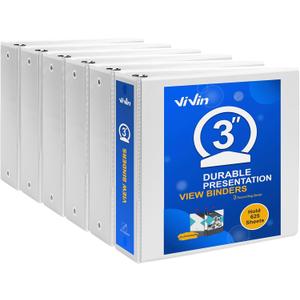 ViVin 3 Ring Binder 3 inch with Clear View Cover, Large 3"-Round Ring for Strength, Holds 600 Sheets of US Letter Size Paper, Office Home School, 6 Pack (White)