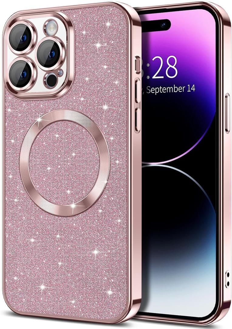 Hython for iPhone 14 Pro Max Case Glitter, Clear Magnetic Phone Cases with Camera Lens Protector [Compatible with MagSafe] Bling Plating Soft TPU Slim Shockproof Protective Cover Women Girls, Pink