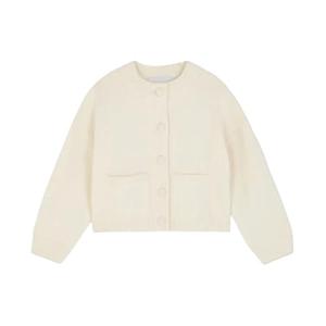 Women's Crew Neck Button Front Knit Cardigan Cropped Length Pocket Detail Long Sleeve Casual Sweater Daily Wear, Medium