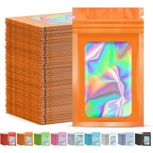 300 Pcs Mylar Bags, Smell Proof Bags Foil Pouch, Holographic Resealable Bags for Small Business, Candy Sample Jewelry Bag Sealable Packaging for Party Favor Food Storage (2.4x3.9in-Orange)