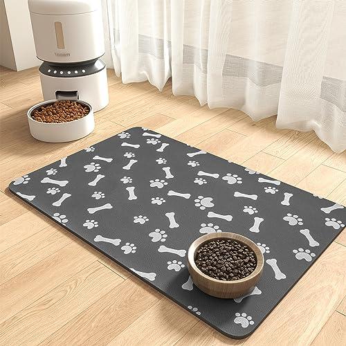 MontVoo Dog Food Mat-Pet Feeding Mat for Food and Water-No Stains Quick Dry Dispenser Cat Bowl Mat for Messy Drinkers(14"x22" Dark Grey)