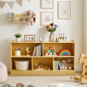 Montessori Shelf, Wooden Toy Storage Organizer with 2-Tier Shelf & 5-Section Storage Cabinet, Kids Bookshelf/Bookcase for Toddler Playroom, Nursery, Classroom(Natural), Large