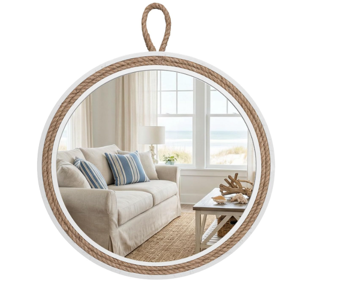Vercraft Coastal Mirror 24" Wall Decor with Rope Wrapped Trim and Hanging Loop Nautical Round Circle Mirror Nautical Rustic Decorative for the Living Room, Bedroom Bathroom and Entryway