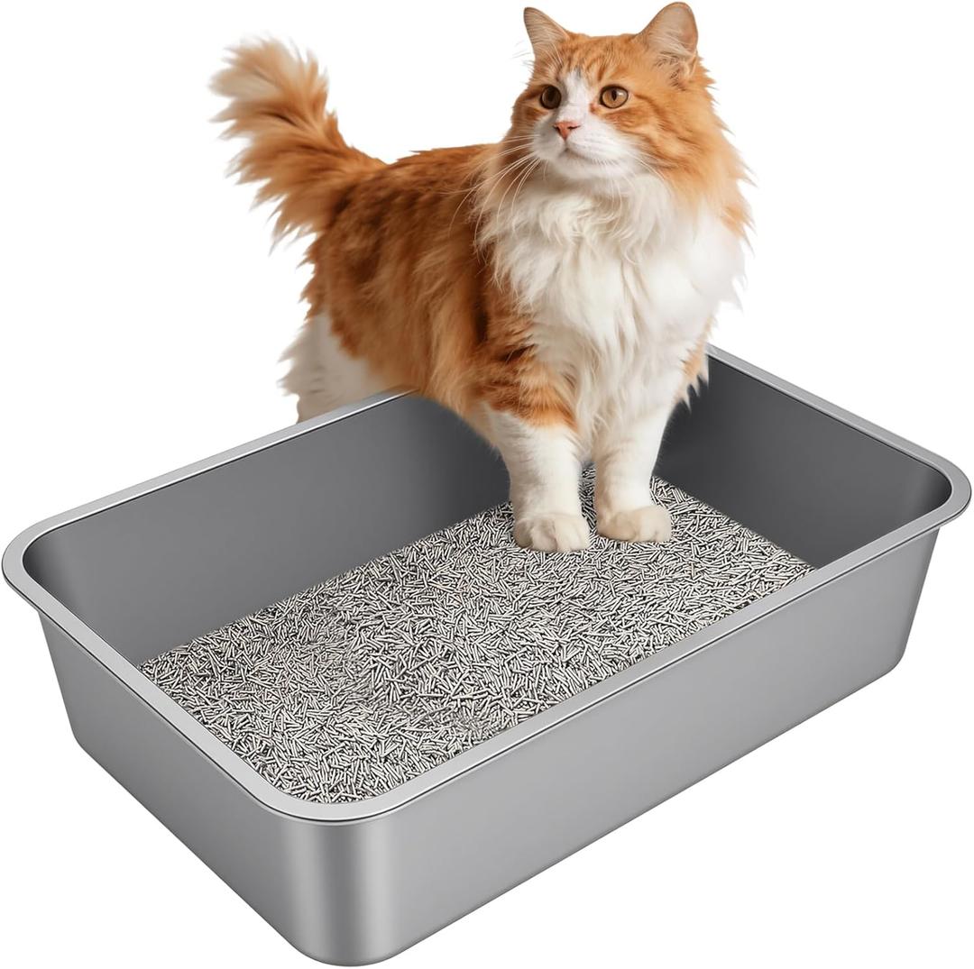 X-Large Stainless Steel Litter Box with High Sided, Metal Cat Litter Box, Odor-Free Non-Stick Litterbox Pan, Easy to Clean Pet Supplies Toilet Tray for Indoor Cats, Kittens or Multicat Homes (23.62"L x 15.75"W x 5.91"H)
