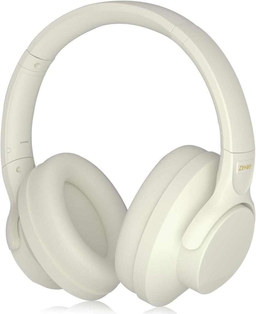 ZIHNIC Active Noise Cancelling Headphones, 60H Playtime Wireless Bluetooth Headset Low Latency-Milky White