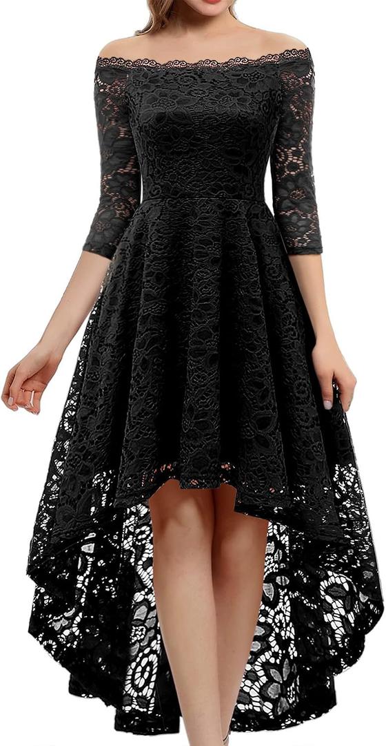 Dressystar Women's Lace Wedding Guest Dress Hi-Lo Off Shoulder Cocktail Party Bridesmaid Swing Formal Dresses Black XXL