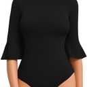 MANGOPOP 3/4 Bell Sleeve Mock TurtleNeck Bodysuit for Going Out Body Suits Tops for Women, XXL
