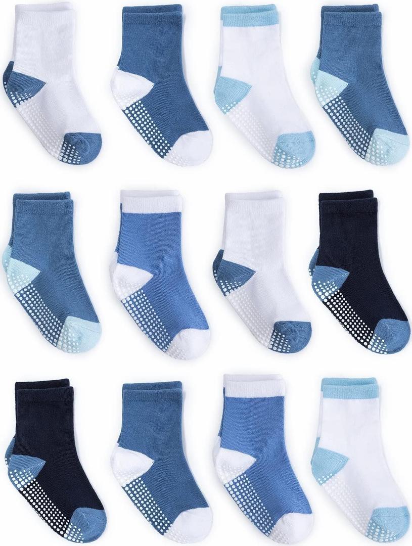 ZAPLES Baby Non Slip Grip Crew Socks with Anti Skid Soles for Infants Toddlers Kids Boys Girls (4-7 Years, Blue Color-blocked)