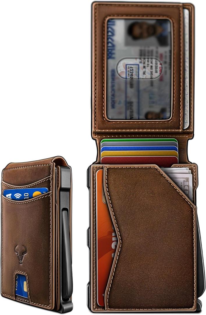 BULLIANT Men Wallet, Metal Wallet Money Clip Magnetic Flip Top Grain Leather 13 Cards Pop-up Access Simplifed Bill Folder (Pecan Pie8405)