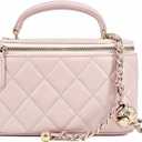 Small Genuine Leather Purse Quilted Crossbody Bag for Women, Mini Top-Handle Shoulder Handbag w/Gold Chain Strap